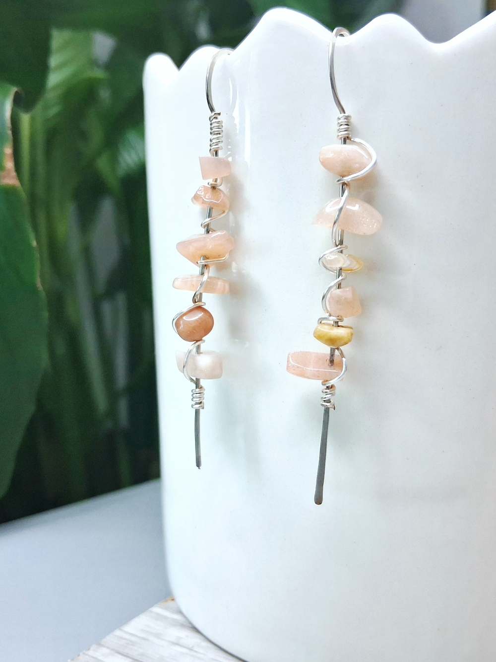 Sunstone Gemstone Crystal Dangle Earrings with Silver Wire
